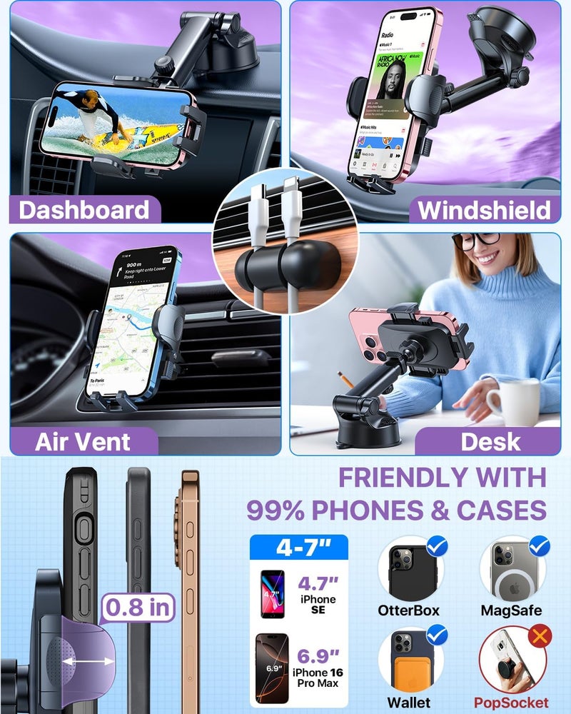 HTU 2026 Ultimate Best【True Military-Grade & Safety Cert】Car Phone Holder【Upgraded 5-in-1 & 100+LBS Strongest Suction】360 Rotation Truck Windshield Dashboard Vent Mount Stand for iPhone Android, Purple - Image 4